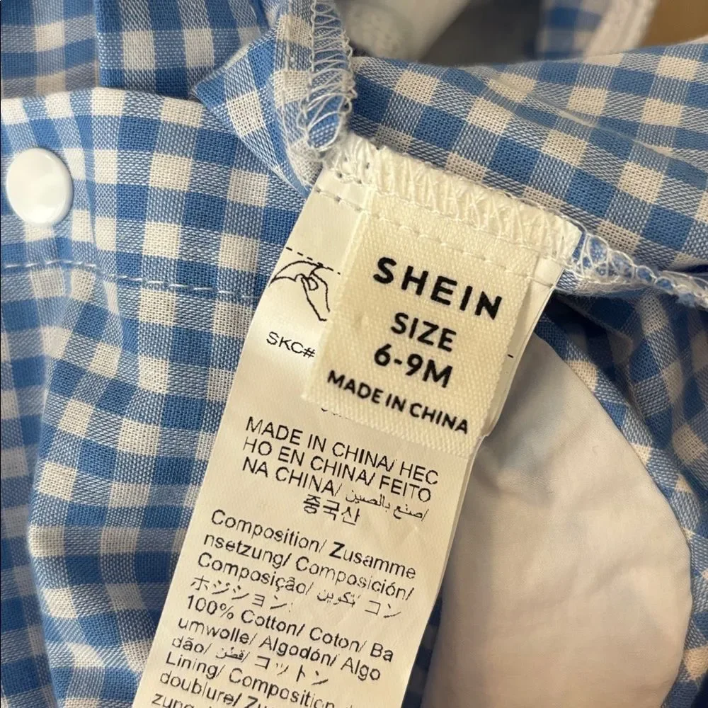 SHEIN Blue Checkered Baby Romper smocked zoo animals size 6-9 months